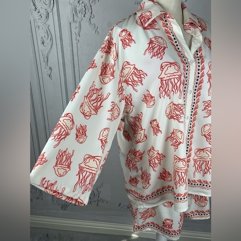 Casual Jellyfish blouse & Shorts Loose Fit Sea Life Print Beach Coverup - Picture 13 of 16